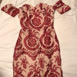 NBD burgundy lace cream dress